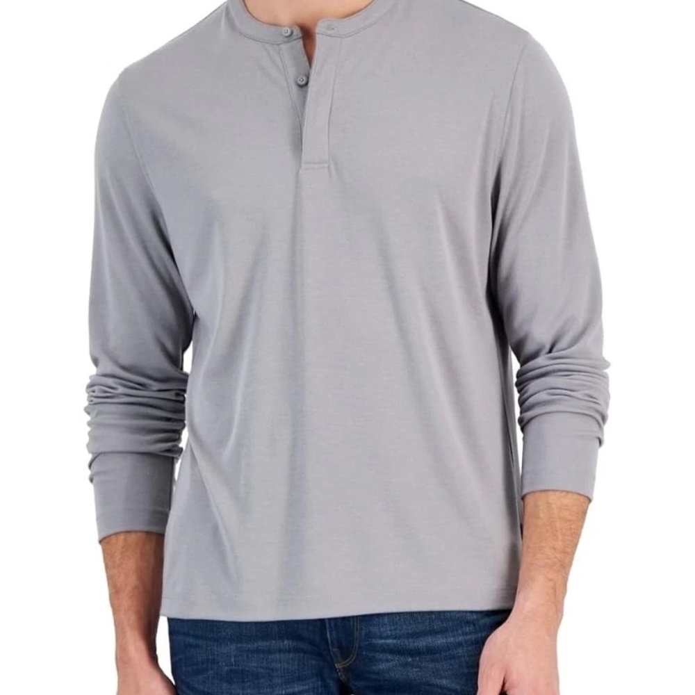 Alfani Henley T-Shirt Alfatech Men's  Storm Grey Stretch Long Sleeve Size S NWT
